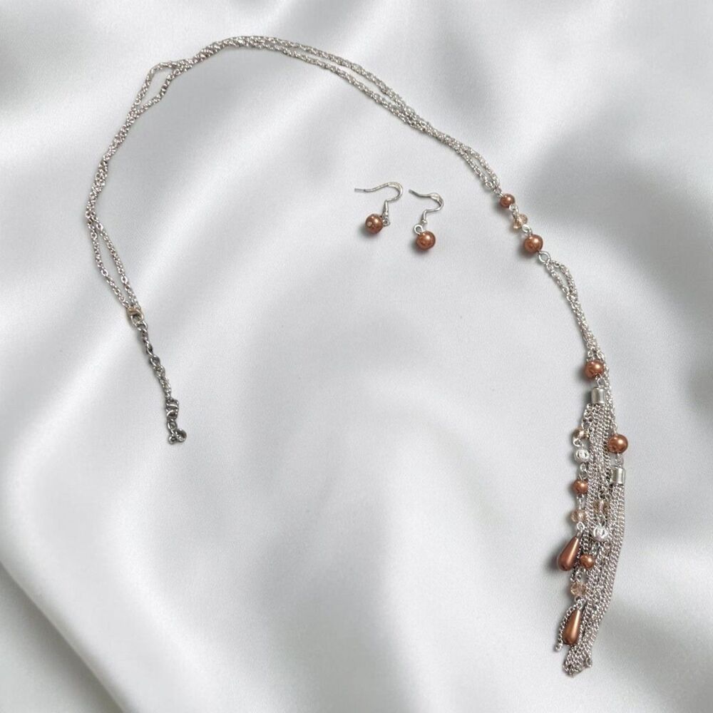 Silver Tone Tassel Necklace & Earrings Set, Copper Tone Beads, Boho Jewelry - Picture 4 of 9